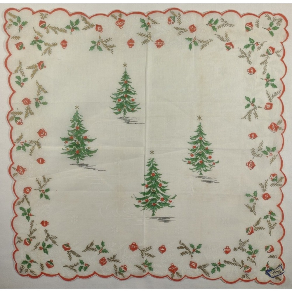 Vintage Burmel Christmas Handkerchief Trees Ornaments Scalloped Edge 14.5x14.5